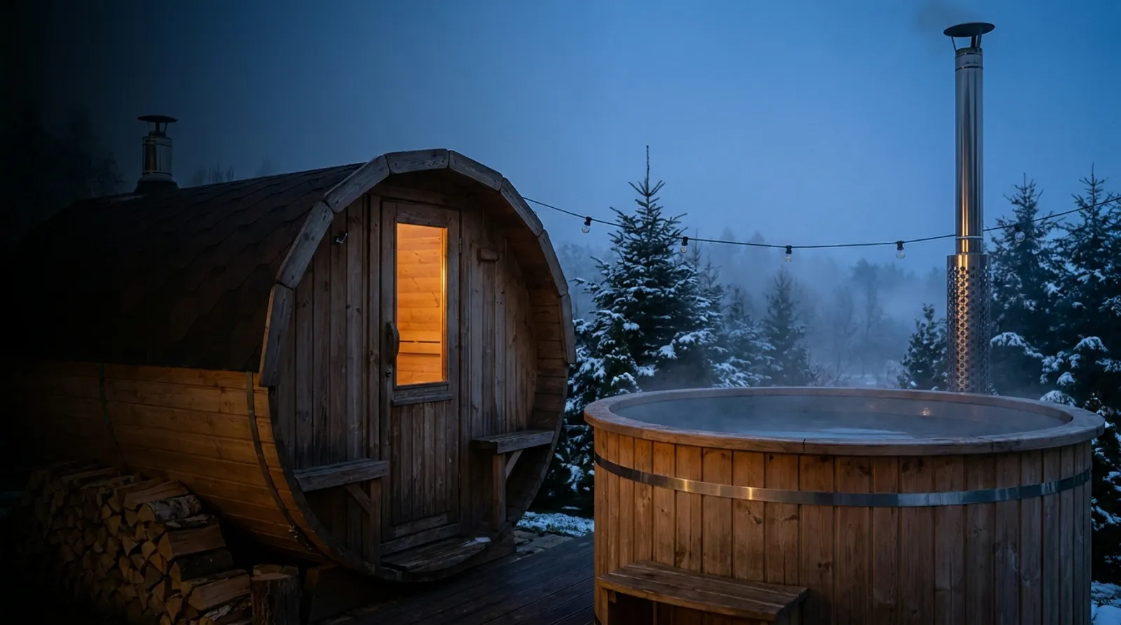 Sauna beczka i balia ogrodowa z piecem w ogrodzie zimą o zmierzchu